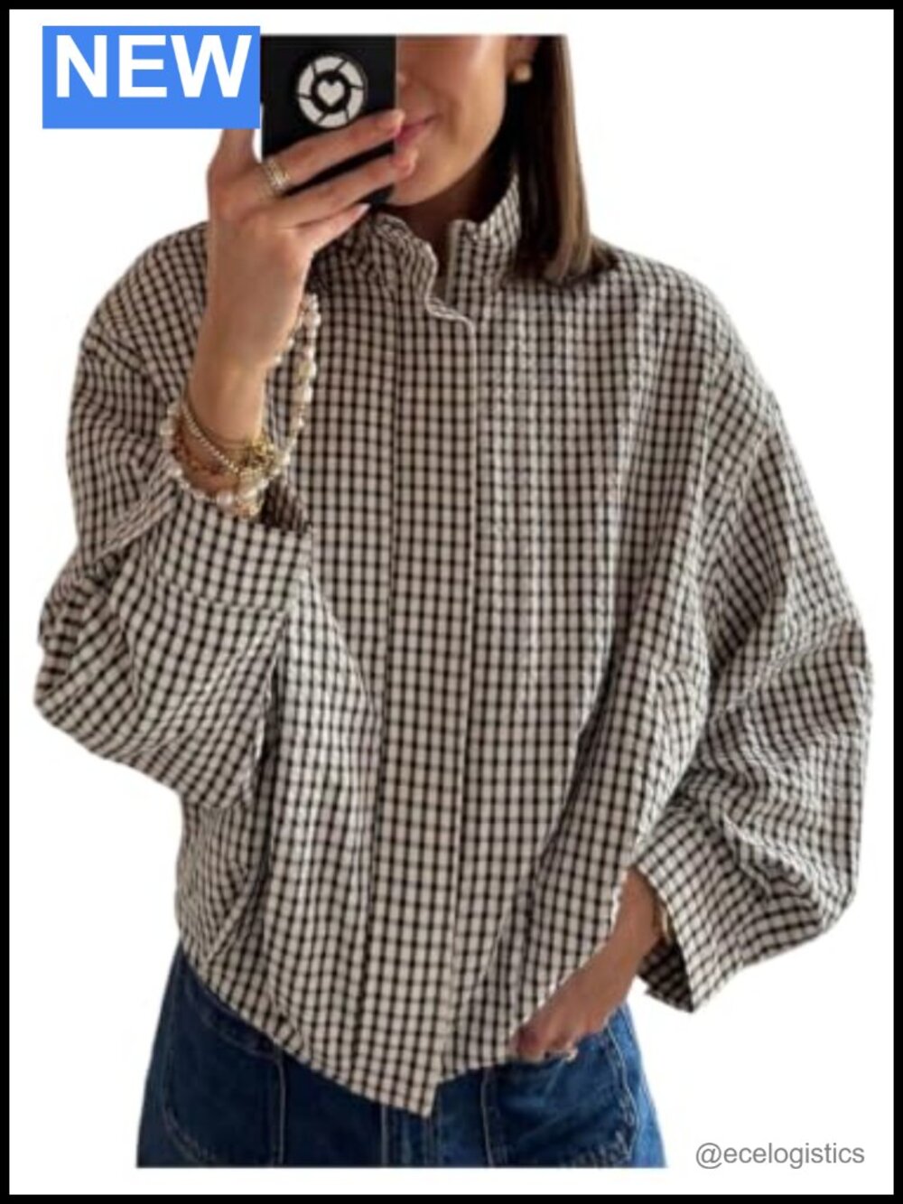 Gingham Cropped Jacket Long Sleeve Mock Neck Zip Up Casual